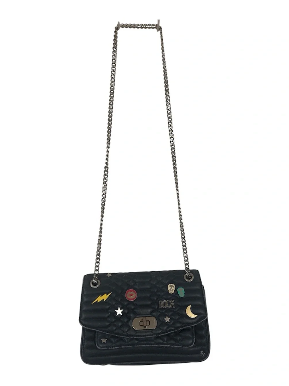 Zadig & Voltaire Black Quilted Chain Shoulder Bag with Enamel Pins